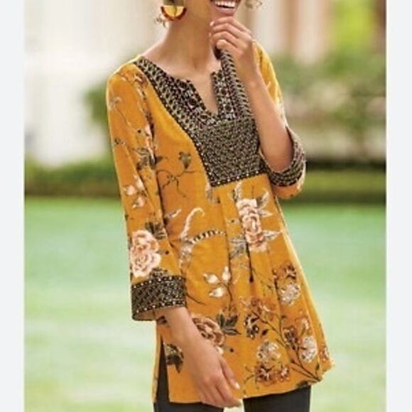 Soft Surroundings Etana Floral Embroidery Antique Gold Tunic women's size 2X - Picture 1 of 10